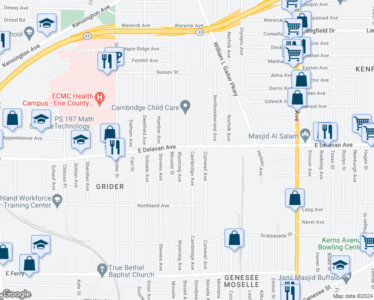 map of restaurants, bars, coffee shops, grocery stores, and more near 913 East Delavan Avenue in Buffalo