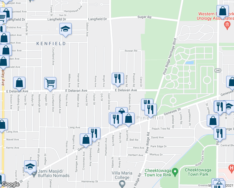 map of restaurants, bars, coffee shops, grocery stores, and more near 1581 East Delavan Avenue in Buffalo