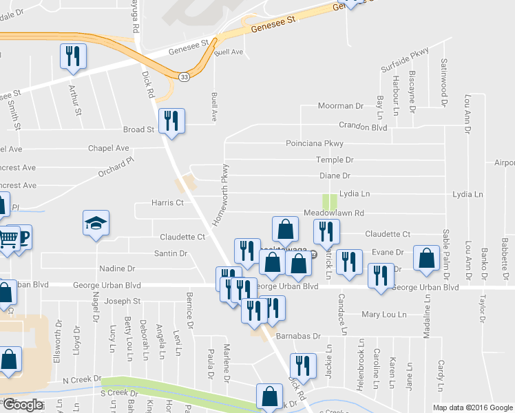 map of restaurants, bars, coffee shops, grocery stores, and more near 58 Meadowlawn Road in Buffalo