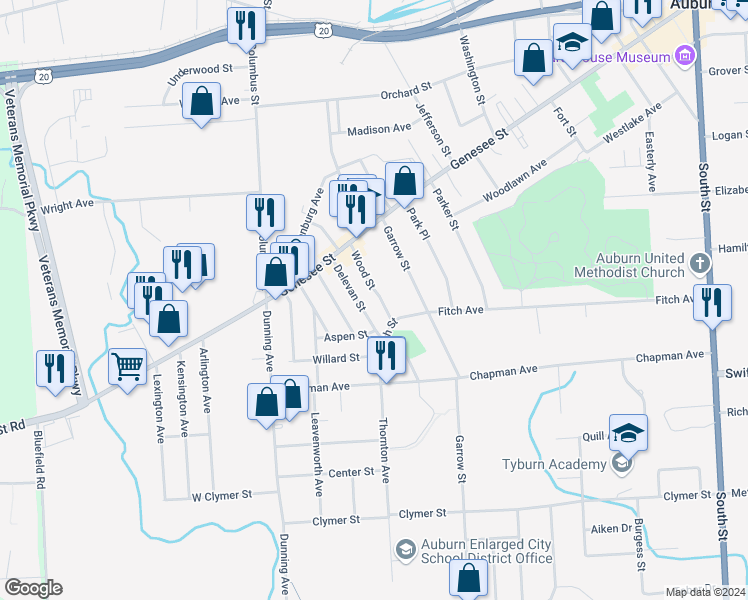map of restaurants, bars, coffee shops, grocery stores, and more near 37 Wood Street in Auburn