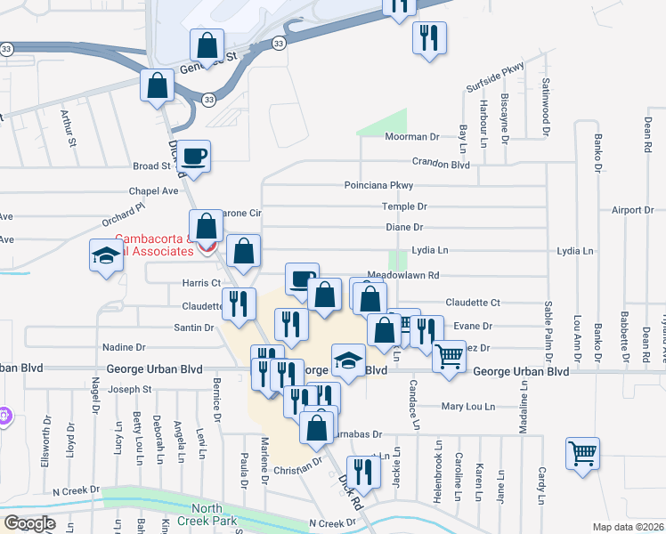 map of restaurants, bars, coffee shops, grocery stores, and more near 120 Meadowlawn Road in Buffalo