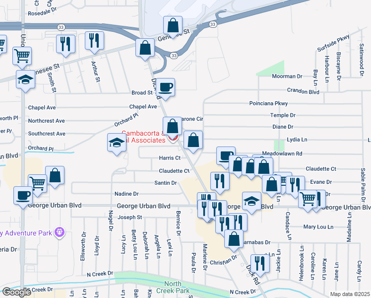 map of restaurants, bars, coffee shops, grocery stores, and more near 25 Lydia Lane in Buffalo