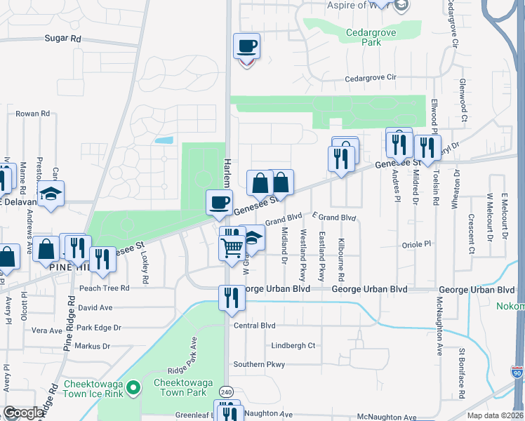 map of restaurants, bars, coffee shops, grocery stores, and more near 2783 Genesee Street in Buffalo