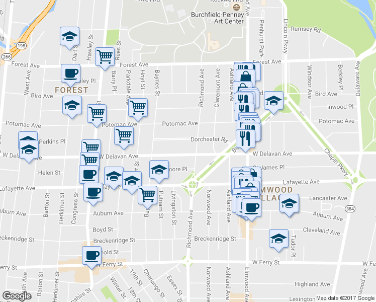 map of restaurants, bars, coffee shops, grocery stores, and more near 470 West Delavan Avenue in Buffalo