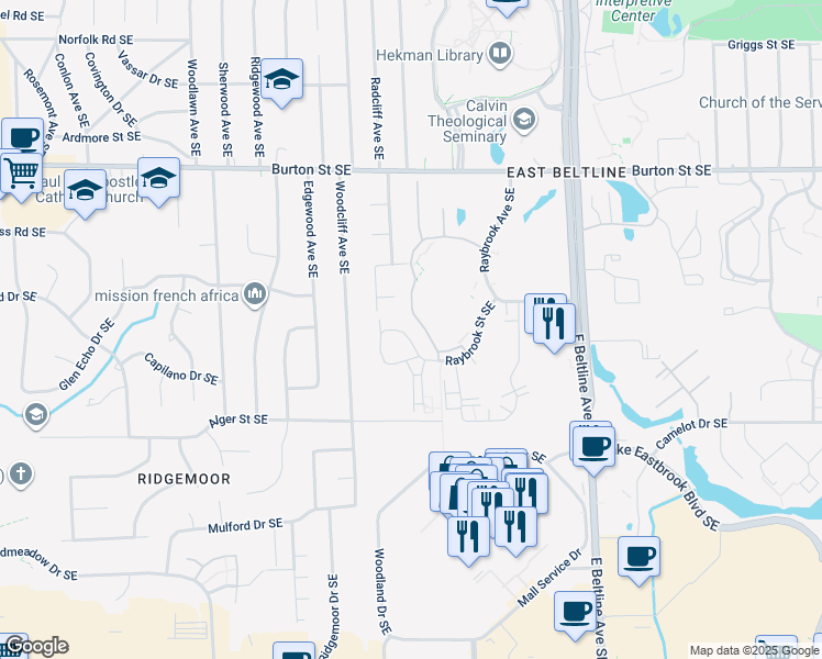 map of restaurants, bars, coffee shops, grocery stores, and more near 2235 Radcliff Circle Southeast in Grand Rapids