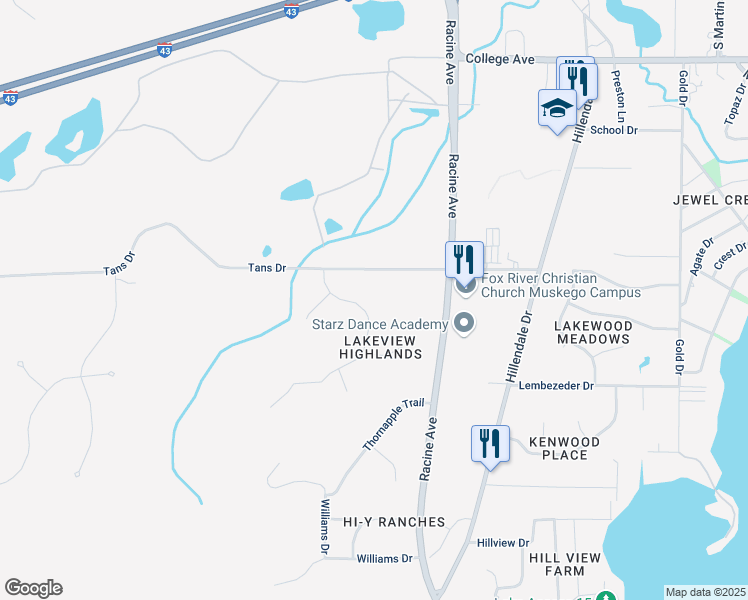 map of restaurants, bars, coffee shops, grocery stores, and more near W198S6762 Adrian Drive in Muskego