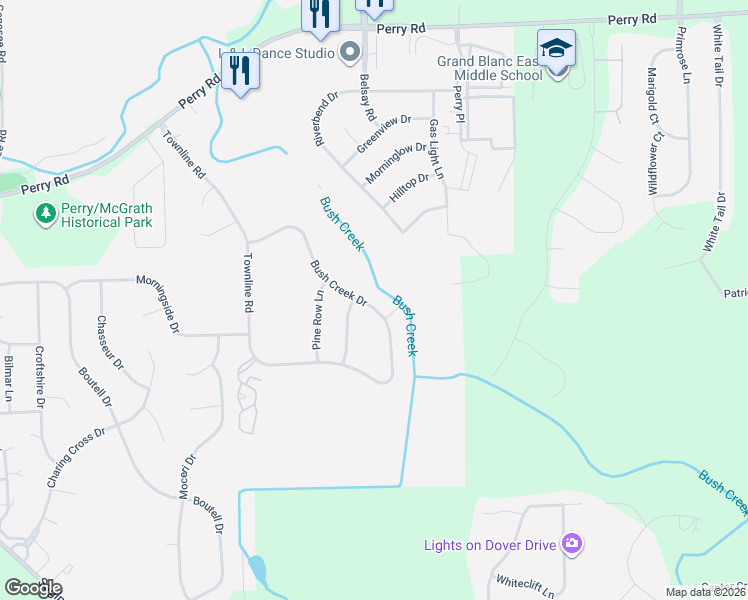 map of restaurants, bars, coffee shops, grocery stores, and more near 1347 Bush Creek Drive in Grand Blanc
