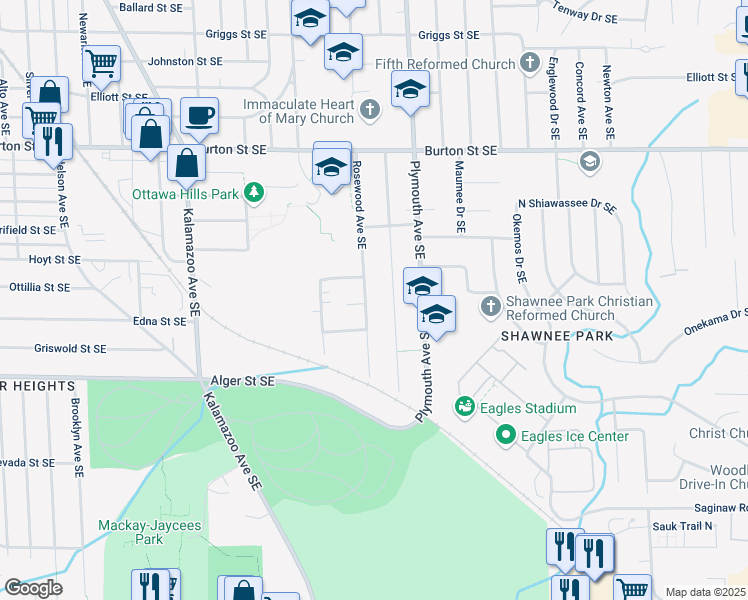 map of restaurants, bars, coffee shops, grocery stores, and more near 2242 Rosewood Avenue Southeast in Grand Rapids