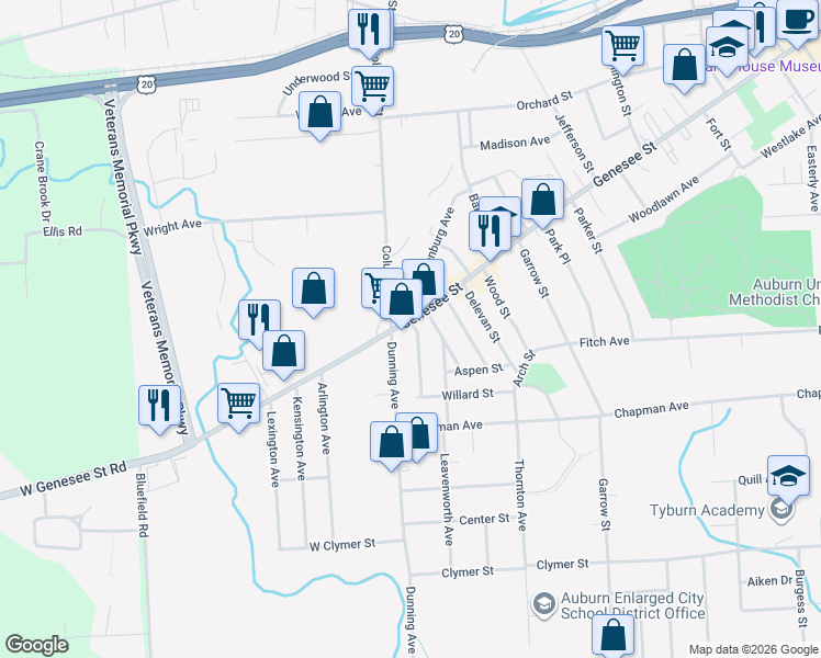 map of restaurants, bars, coffee shops, grocery stores, and more near 290 Genesee St in Auburn
