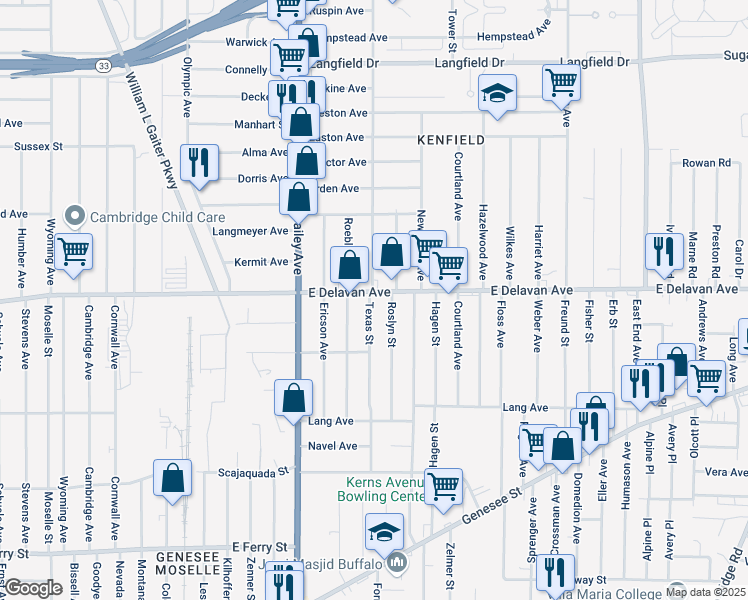 map of restaurants, bars, coffee shops, grocery stores, and more near 1253 East Delavan Avenue in Buffalo