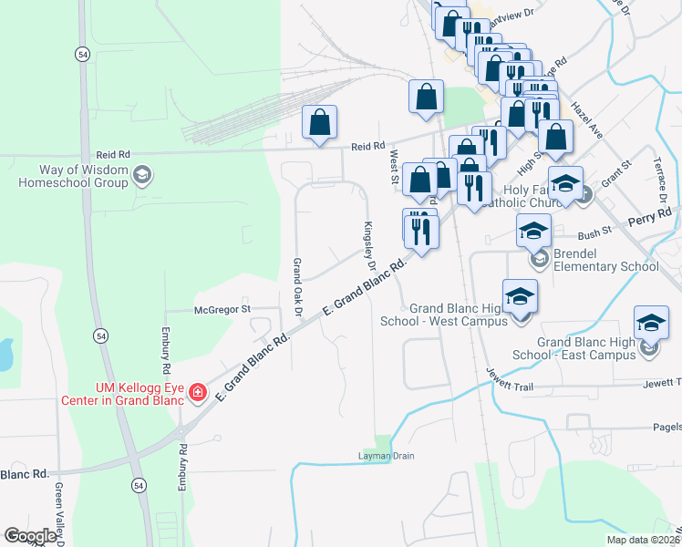 map of restaurants, bars, coffee shops, grocery stores, and more near 719 Huntington Road in Grand Blanc