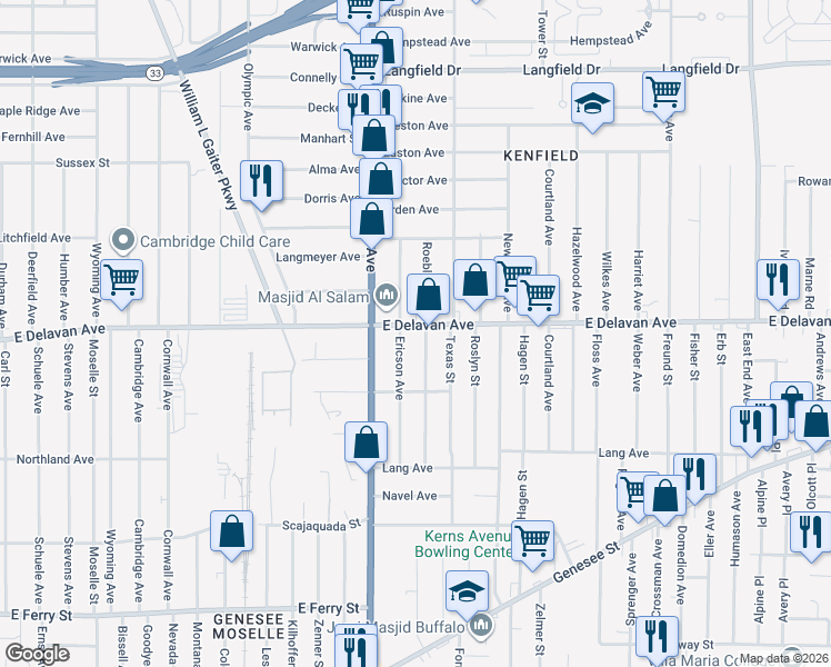 map of restaurants, bars, coffee shops, grocery stores, and more near 1219 East Delavan Avenue in Buffalo