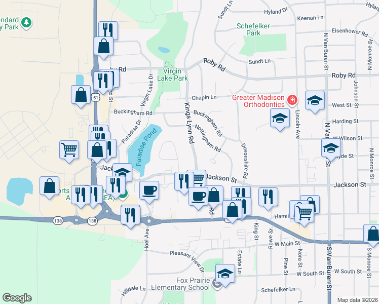 map of restaurants, bars, coffee shops, grocery stores, and more near 524 Kings Lynn Road in Stoughton