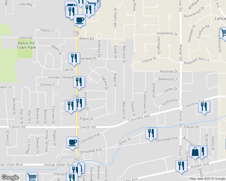 map of restaurants, bars, coffee shops, grocery stores, and more near 234 Argus Drive in Depew