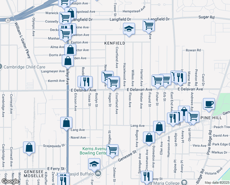 map of restaurants, bars, coffee shops, grocery stores, and more near 1345 East Delavan Avenue in Buffalo