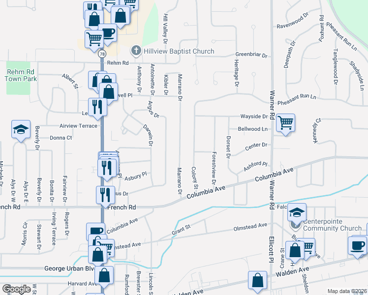 map of restaurants, bars, coffee shops, grocery stores, and more near 99 Marrano Drive in Depew
