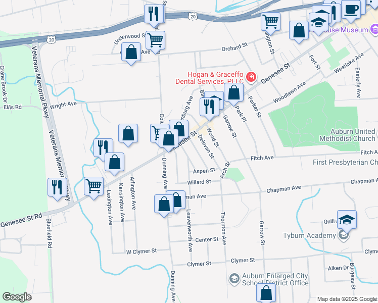 map of restaurants, bars, coffee shops, grocery stores, and more near 4-6 Warren Avenue in Auburn