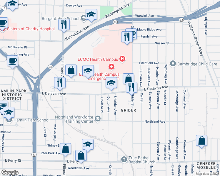map of restaurants, bars, coffee shops, grocery stores, and more near 666 East Delavan Avenue in Buffalo
