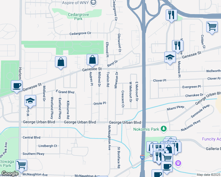 map of restaurants, bars, coffee shops, grocery stores, and more near 129 Toelsin Road in Buffalo