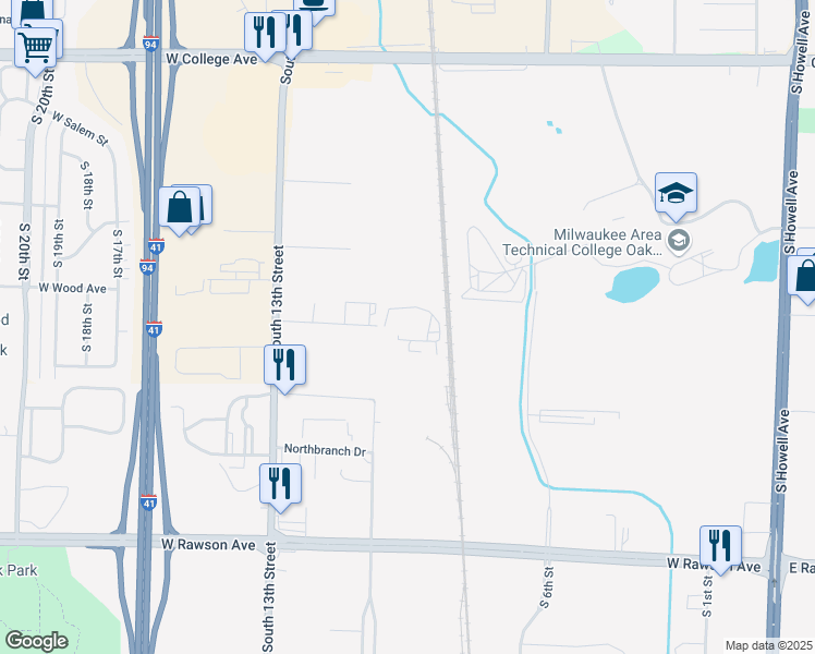 map of restaurants, bars, coffee shops, grocery stores, and more near 1100 West Anderson Road in Oak Creek