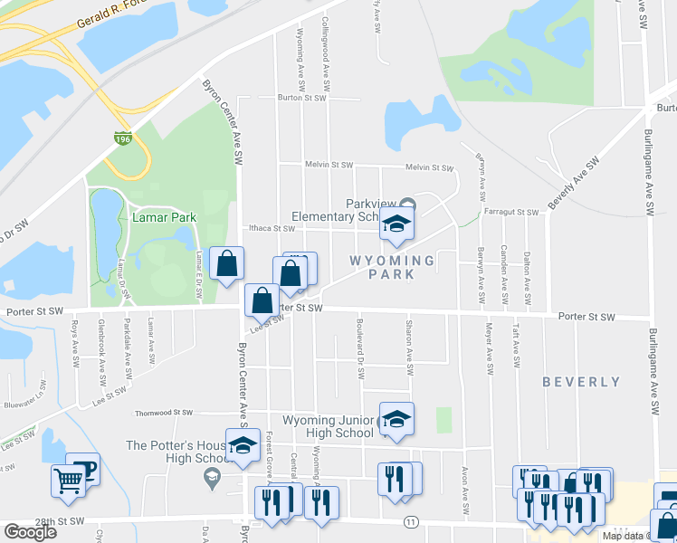 map of restaurants, bars, coffee shops, grocery stores, and more near 2320 Collingwood Ave SW in Wyoming