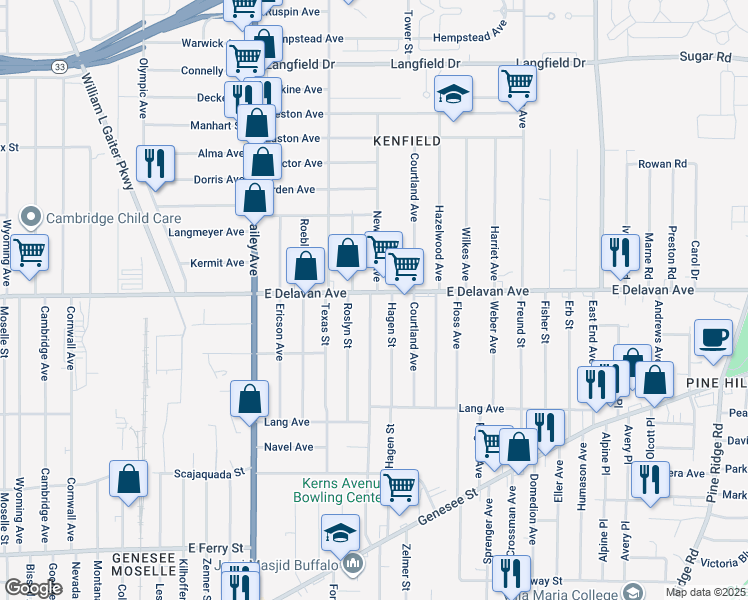 map of restaurants, bars, coffee shops, grocery stores, and more near 1303 E Delavan Ave in Buffalo