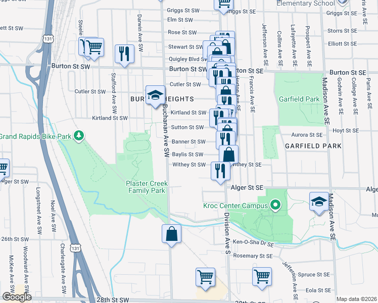 map of restaurants, bars, coffee shops, grocery stores, and more near 77 Baylis Street Southwest in Grand Rapids