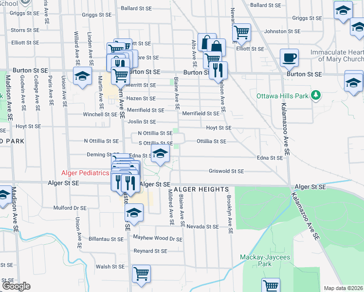 map of restaurants, bars, coffee shops, grocery stores, and more near 1002 Ottillia Street Southeast in Grand Rapids