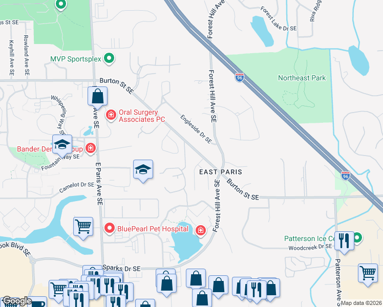 map of restaurants, bars, coffee shops, grocery stores, and more near 4340 Burton Street Southeast in Grand Rapids