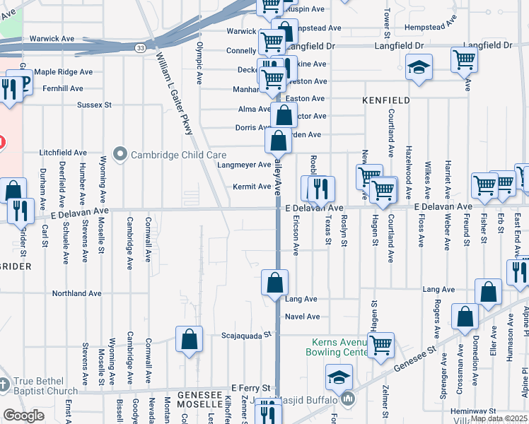 map of restaurants, bars, coffee shops, grocery stores, and more near 1145 East Delavan Avenue in Buffalo