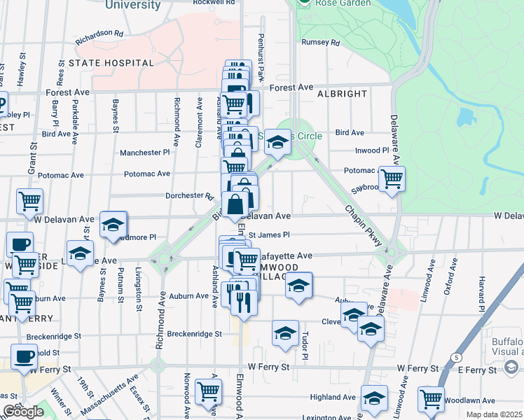 map of restaurants, bars, coffee shops, grocery stores, and more near 636 West Delavan Avenue in Buffalo