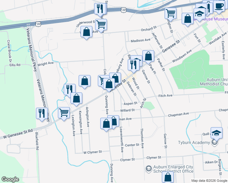 map of restaurants, bars, coffee shops, grocery stores, and more near 290 Genesee Street in Auburn