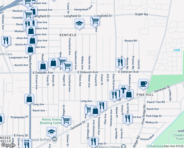 map of restaurants, bars, coffee shops, grocery stores, and more near 1463 East Delavan Avenue in Buffalo