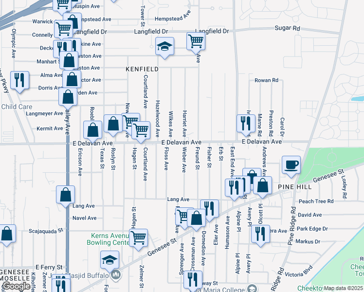 map of restaurants, bars, coffee shops, grocery stores, and more near 1427 East Delavan Avenue in Buffalo
