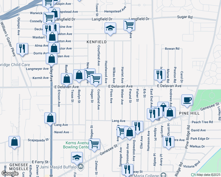 map of restaurants, bars, coffee shops, grocery stores, and more near 1385 East Delavan Avenue in Buffalo