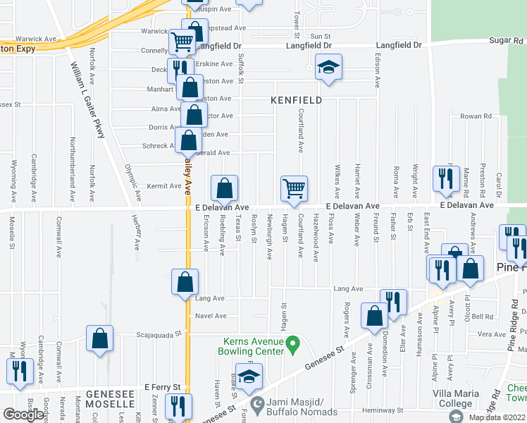 map of restaurants, bars, coffee shops, grocery stores, and more near 1303 East Delavan Avenue in Buffalo
