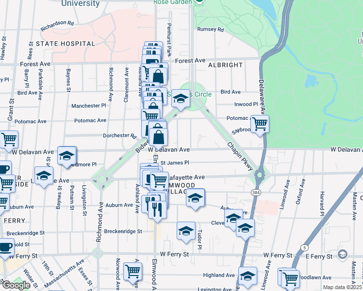 map of restaurants, bars, coffee shops, grocery stores, and more near 660 West Delavan Avenue in Buffalo