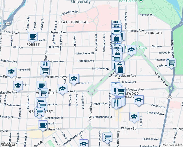map of restaurants, bars, coffee shops, grocery stores, and more near 470 West Delavan Avenue in Buffalo