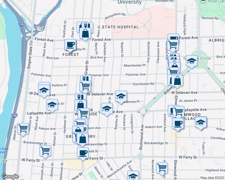map of restaurants, bars, coffee shops, grocery stores, and more near 250 Hoyt Street in Buffalo