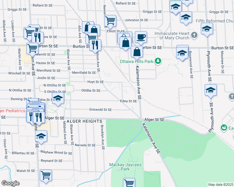 map of restaurants, bars, coffee shops, grocery stores, and more near 2254 Nelson Avenue Southeast in Grand Rapids