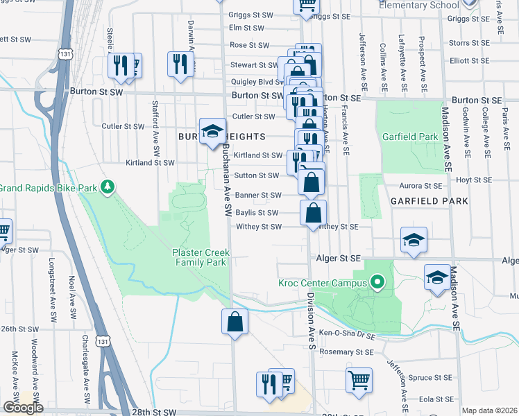 map of restaurants, bars, coffee shops, grocery stores, and more near 77 Baylis Street Southwest in Grand Rapids