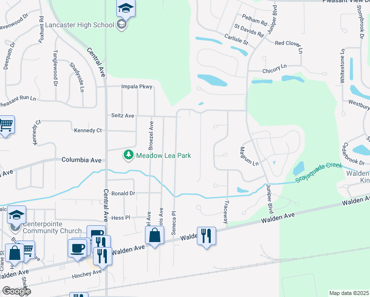 map of restaurants, bars, coffee shops, grocery stores, and more near 282 Mohawk Place in Lancaster