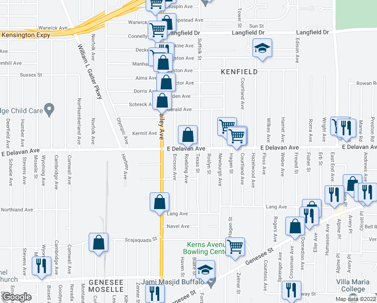 map of restaurants, bars, coffee shops, grocery stores, and more near 1227 East Delavan Avenue in Buffalo