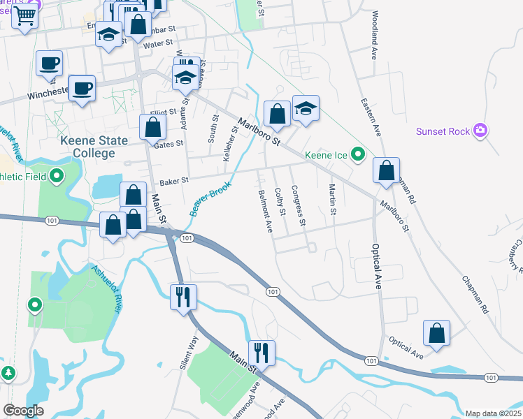 map of restaurants, bars, coffee shops, grocery stores, and more near 25 Belmont Avenue in Keene