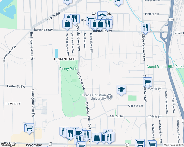 map of restaurants, bars, coffee shops, grocery stores, and more near 2223 Michael Avenue Southwest in Wyoming
