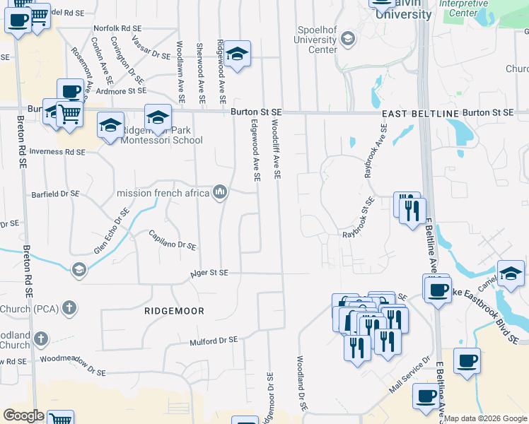 map of restaurants, bars, coffee shops, grocery stores, and more near 2230 Edgewood Avenue Southeast in Grand Rapids