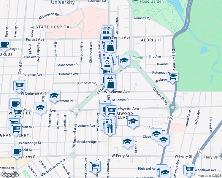 map of restaurants, bars, coffee shops, grocery stores, and more near 628 West Delavan Avenue in Buffalo