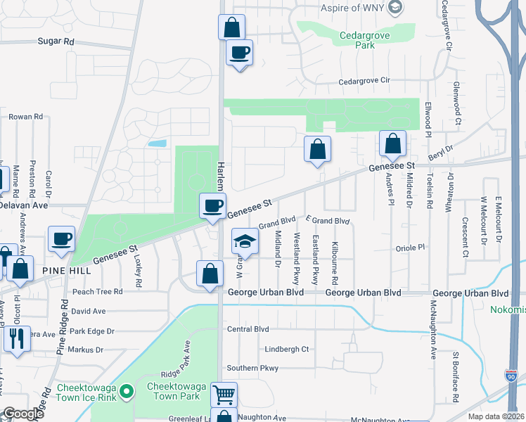 map of restaurants, bars, coffee shops, grocery stores, and more near 2783 Genesee Street in Buffalo