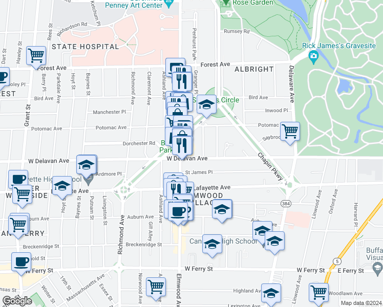 map of restaurants, bars, coffee shops, grocery stores, and more near 628 West Delavan Avenue in Buffalo