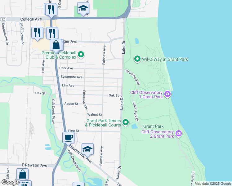map of restaurants, bars, coffee shops, grocery stores, and more near 512 Oak Street in South Milwaukee